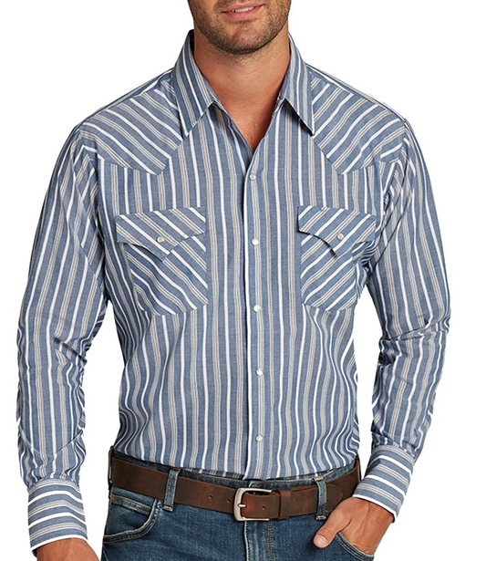 Ely Cattleman Long Sleeve Blue Stripe Pearl Snap Shirt