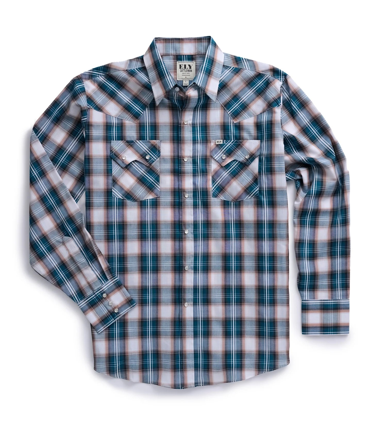 Ely Cattleman Long Sleeve Plaid Pearl Snap Shirt - Teal & Khaki