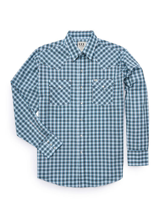 Ely Cattleman Long Sleeve Classic Checks Pearl Snap Shirt - Turquoise & Red