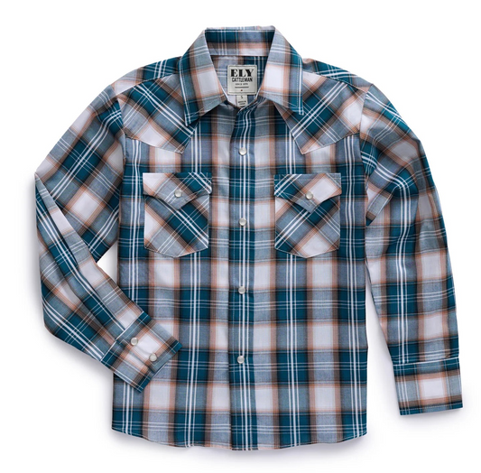 Boy's Ely Cattleman Long Sleeve Plaid Pearl Snap Shirt - Teal & Khaki